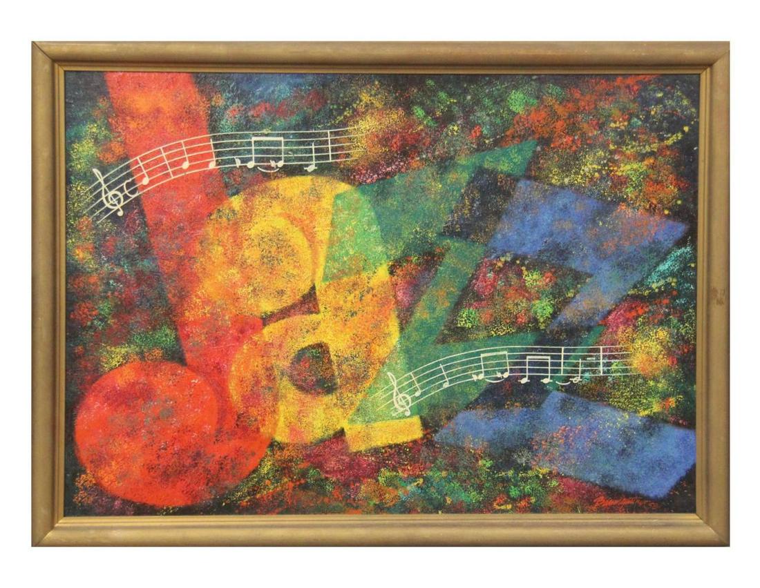 Jazz Painting, Oil on Masonite, Signed Baumgartner: Offered is an oil on masonite painting, signed by artist lower right "Baumgartner" and dated 1958. Image size seen approx. 29-1/2" x 21", overall frame size approx. 32" x 24". Frame has some damage th