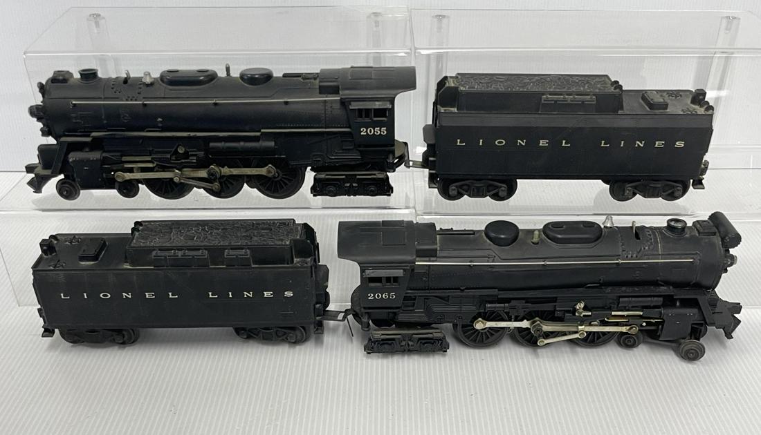 Nice Lionel 2055 & 2065 Steam Locomotives: Both are intact with 6026W whistle tenders. They both have some shelf dust, but only show light play wear.
