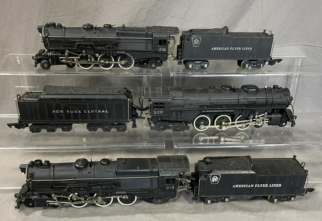 1946 American Flyer 310, 312 & 320 Steam Locos: S Gauge. Includes a 310 & 312 PRR K5 Pacifics; 320 NYC Hudson. All have nice lettering and 1946 Non-weighted couplers.