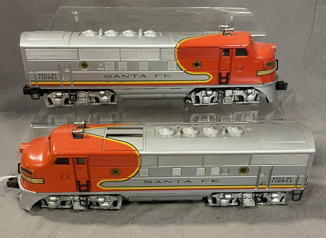 Clean Lionel 2343 SF F3 AA Diesels: Clean pair with usual decal missing at door frames. Battery box is clean and they show light to moderate play wear. From The Estate Collection of Neil Pardon.