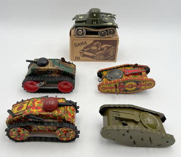 Tin Litho Wind Up Tank Lot: Lot of 5 Tin Litho windup tanks including Gama (with box; missing end flaps on one side), Marx, and other (unmarked). Wind up mechanisms work; Gama mechanism works and spins the back wheels, but doesn