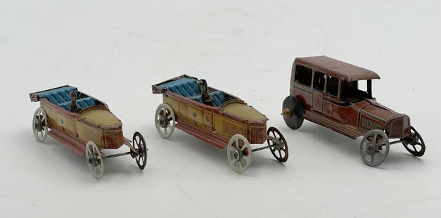 (3) Georg Fischer Penny Toy Vehicles: Includes (2) Opened Touring Cars with driver figure, each approx. 4-3/8" long, and Limousine, approx. 4" long. Made in Germany. Each shows some playwear with scuffs and scratches.