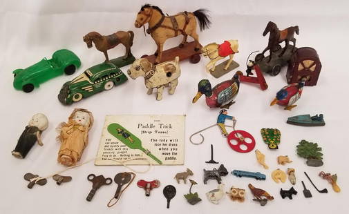 Balance of Estate Toy Lot: Includes Marx Tricky Taxi (no windup key), tin litho windup ducks, tin litho windup dog, composition horse on base (Germany), (2) Horse on wheels, Miniature Mickey Mouse like figure on scooter made of