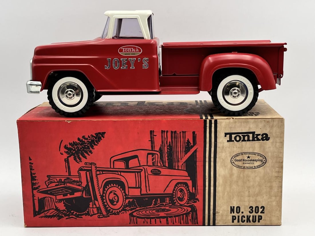 Boxed Tonka # 302 Pickup: Boxed Tonka #302 Pickup. Very minor paint loss, if any. Both sides have stickers saying "Joey's" added. Some wear to box.