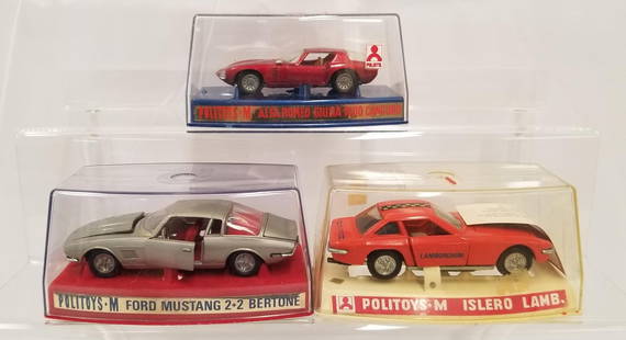 (3) Politoys Cars in Hard Plastic Box: 3 Politoys cars in hard plastic cases including Ford Mustand 2+2 Bertone, Alfa Romeo Giulia 1600 Canguro, and Islero Lamb. Minor wear/scuffing to plastic cases.