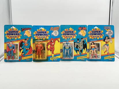 (4) MOC Kenner Super Powers Action Figures: Lot of 4, Mint on Card Super Powers action figures by Kenner, 1984/85. Includes Superman (12 back), The Flash (12 back, Canadian card), Batman (12 back), and Wonder Woman (23 back). Blister on each is