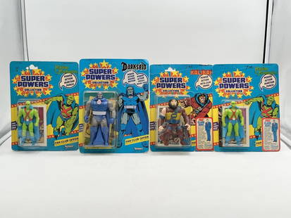 (4) MOC Kenner Super Powers Action Figures: Lot of 4, Mint on Card Super Powers action figures by Kenner, 1985. Includes Kalibak, Darkseid, and (2) Martian Manhunter. All figures on 23 card backs. Blister on each is firmly attached with light s