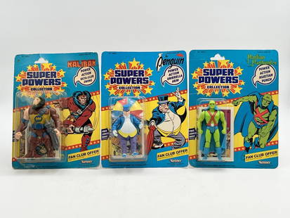 (3) MOC Kenner Super Powers Action Figures: Lot of 3, Mint on Card Super Powers action figures by Kenner, 1985. Includes Kalibak, Penguin, and Martian Manhunter. All figures on 23 card backs. Blister is firmly attached on Penguin, and Manhunter