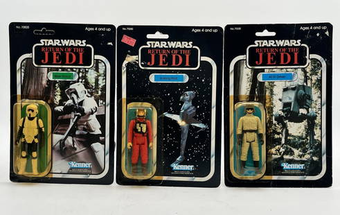 Star Wars ROTJ Biker Scout, B-Wing Pilot, AT-ST: Lot of 3, Vintage, Mint on Card, Star Wars Return of the Jedi action figures by Kenner, 1983. Includes "Biker Scout, AT-ST Driver, and B-Wing Pilot". Each figure on 77-A card back. Blister is firmly a