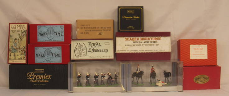 Boxed Modern Toy Soldiers: 12 boxed modern toy soldier sets including Britains, Seabee, Rokole-Jagd, Mark Time, and others.