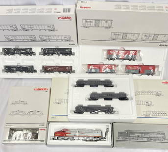 7pc Marklin HO American Add-on Lot: Includes a 49611 ATSF PA Alco Booster Diesel(needs main unit to run); 45801 NYC 4-car hoppers; 45648 3-Pacemaker boxcars; 2-47741 Erie/Lack. 3pc gondola sets; 45580 3pc tank car set; 45703 NYC Caboose