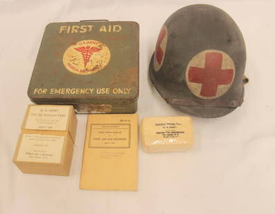 WWII Medic Helmet, First Aid Box & First Aid Items: WWII painted Medic helmet with Medic's cross on each side, a WWII metal first aid box (does not open) with some wear and rust, and sealed individual dressing pack, tourniquet, pull ring first aid pack