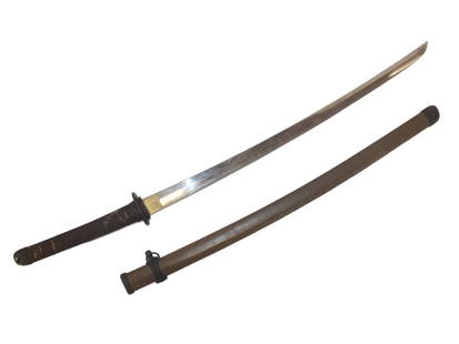 Japanese WWII Officer's Shin-Gunto Sword: Japanese WWII Officer's Shin-Gunto Sword with brown painted metal scabbard and wrapped hilt. Tang is signed with kanji. Some wear to the scabbard paint. Locking mechanism is loose. Approximately 39 in