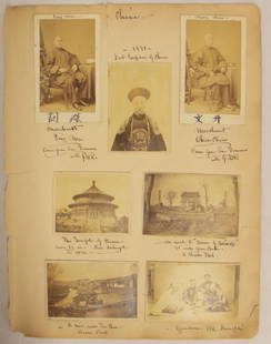 Photo Lot. 19th Century China: Lot of (7) CDV Size photos mounted on album page depicting Gamblers in Old Shanghai, Road to "Avenue of Animals" 80 miles from Canton, Photo of the Last Emperor of China 1871, Two photos of Chinese Me