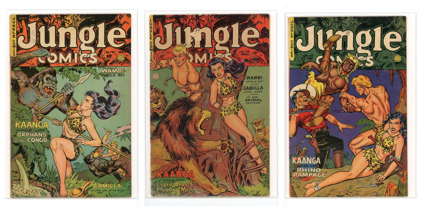 Jungle Comics Group of 3, Fiction House 1952: Includes #146, 148, and 150. FN/VF copies. #146 has pencil notations in the "J" on the cover, #148 has paper loss to the "N" on the cover and vertical crease to cover, and #150 has pencil notation in
