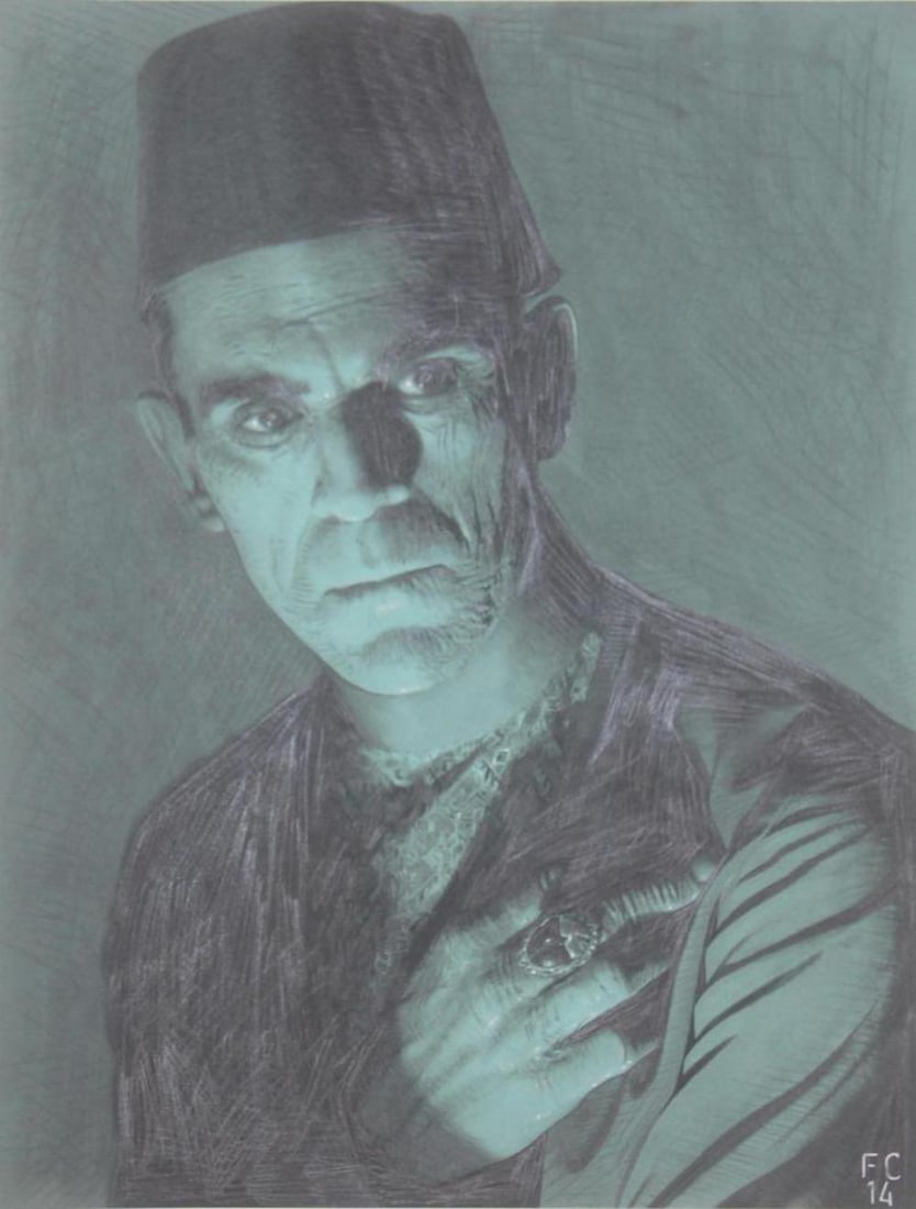 Frederick Cooper illustration Art: 8 1/.2" x 11" Pencil and Paper illustration of Boris Karloff in Character. Signed lower right "FC14". Comes with COA. Great Piece.