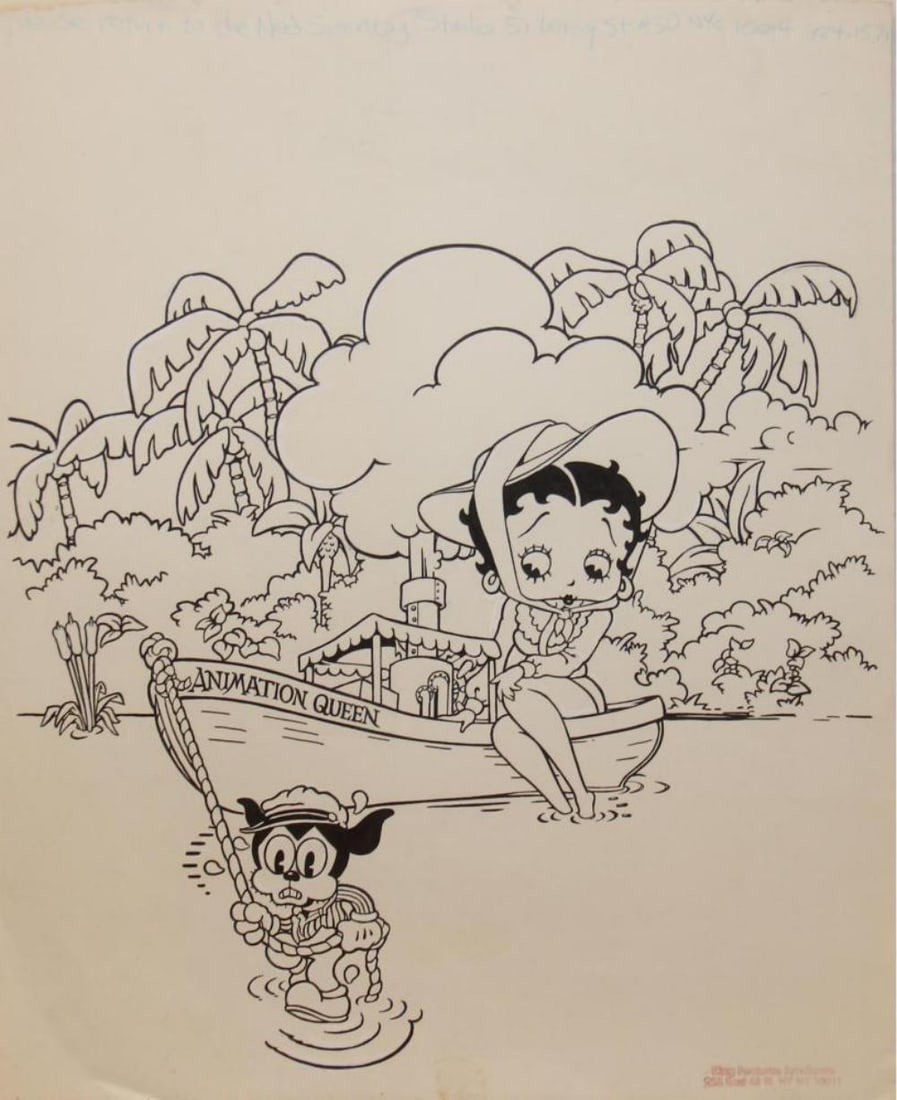 Betty Boop & Bimbo, Pen & Ink Illustration Drawing: "Animation Queen", Original pen and ink illustration on art paper drawn by Ned Sonntag for King Features Syndicate. During the 1980's, Sonntag was the lead illustrator for Betty Boop. Overall page app
