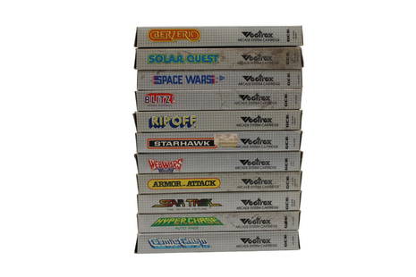 (11) Vectrex Arcade System Cartridge Games Boxed: 11 Vectrex Arcade System Cartridge games boxed. Some wear and soiling to boxes.