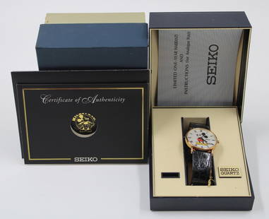 Scarce Mickey Mouse Seiko Ltd Ed 14k Gold Watch: Offered is a Boxed, Men's Disney Mickey Mouse Seiko Watch, 1994. Not currently running, and not tested. Original tag attached which reads "Ref. SFP410, Sapphire Crystal. Original retail price of $1,40