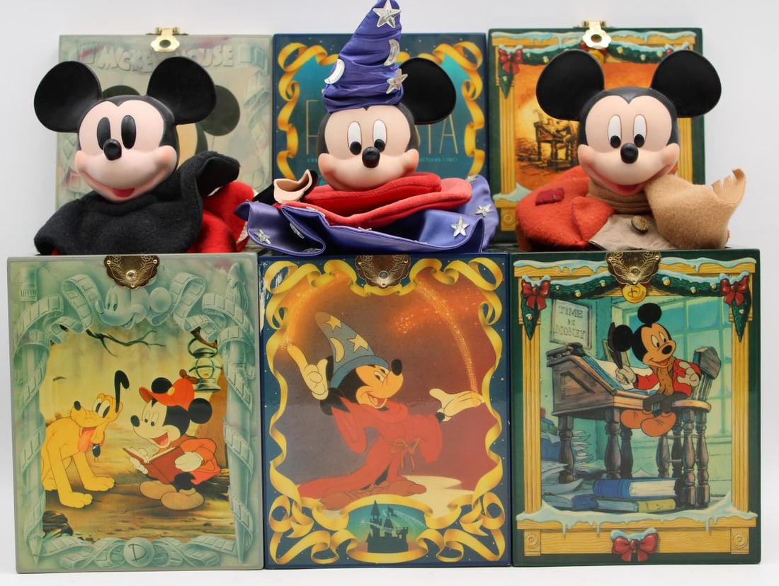 (3) Disney Enesco Musical Jack in the Boxes: Includes Fantasia 50th Anniversary, Mickey's Christmas Carol, and another. Each is a limited edition piece, The Fantasia and Christmas Carol boxes are not numbered, the other Mickey Mouse box is numbe