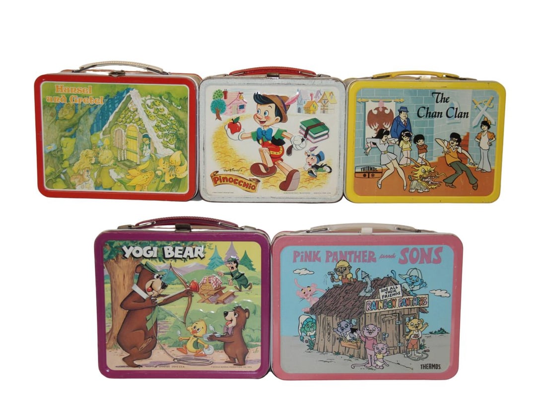 (5) Children Cartoon Show Lunchboxes: Includes Hansel and Gretel, Pinocchio, The Chan Clan, Yogi Bear, and Pink Panther and Sons Lunchboxes. Includes Chan Clan thermos, Yogi Bear thermos, and Pink Panther thermos. All show some signs of w