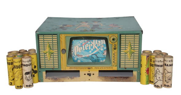 1950s Mouseketeers Television Record Player: 1950s Mouseketeers Television Record Player, tin litho, with 16 story reels. Shows wear throughout, some rust, paint loss, scuffs, scratches, etc.