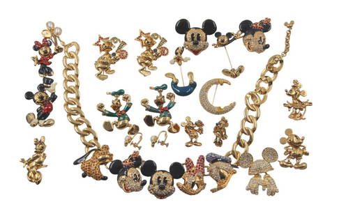 Disney Napier Designer Jewelry Lot, Brooches, Pins: Includes Mickey and Friends Necklace, Mickey & Minnie brooches, Donald Duck brooches, Earrings, Pins, and more. See images.