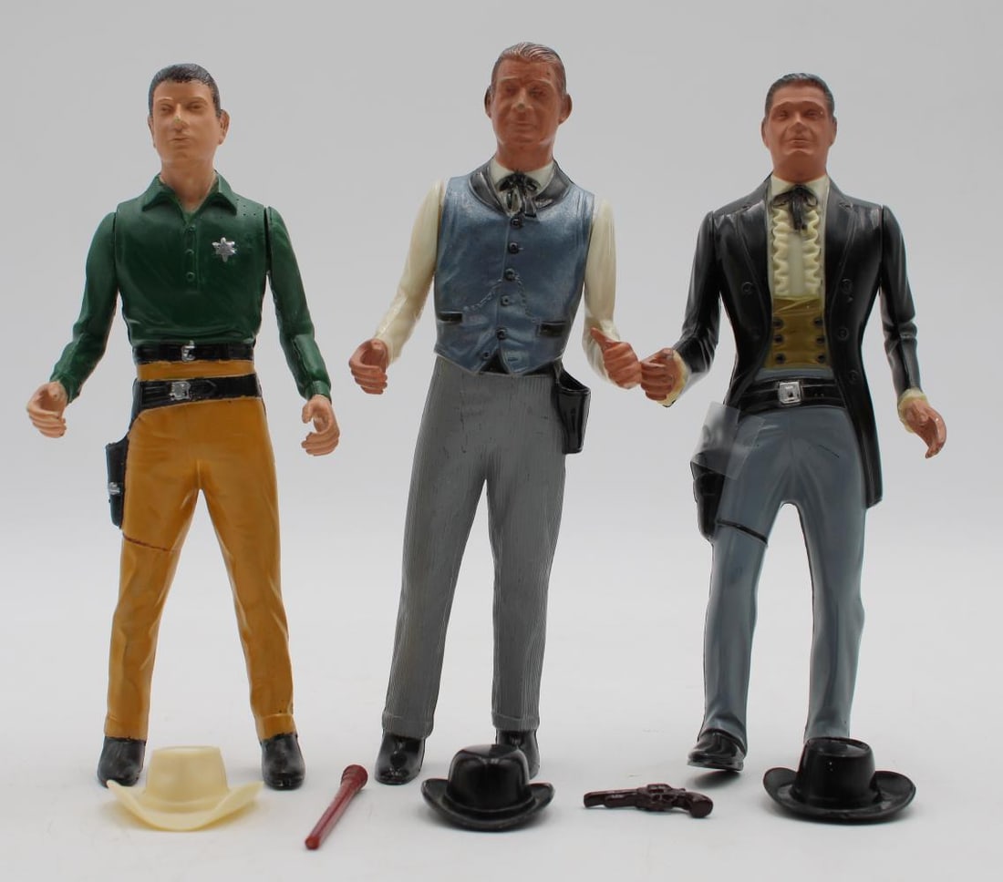 (3) Hartland Gunfighters Unboxed: 3 Hartland Gunfighters, with accessories, unboxed, includes Bat Masterson, Bret Maverick, and Johnny McKay (missing gun).