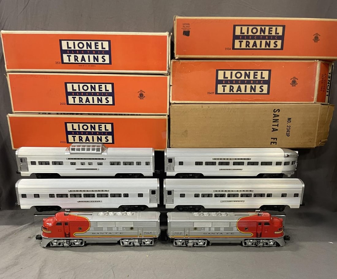 Boxed Lionel 2343 Super Speedliner Set: Includes a 2343 SF F3 AA Diesels. They have 94% decals intact with nice silver and a clean battery box. 2532 vista Dome; 2533 Pullman; 2534 Pullman; 2531 Observation, all with hex rivets. They show li