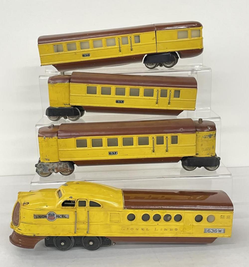 1936 Lionel 636W City Of Denver: Includes a 636W diesel; 2 -637 Coaches; 638 Observation. All are fairly clean, loco lettering light, but readable, Vestibules are heavily touched up, one has side frame rust.