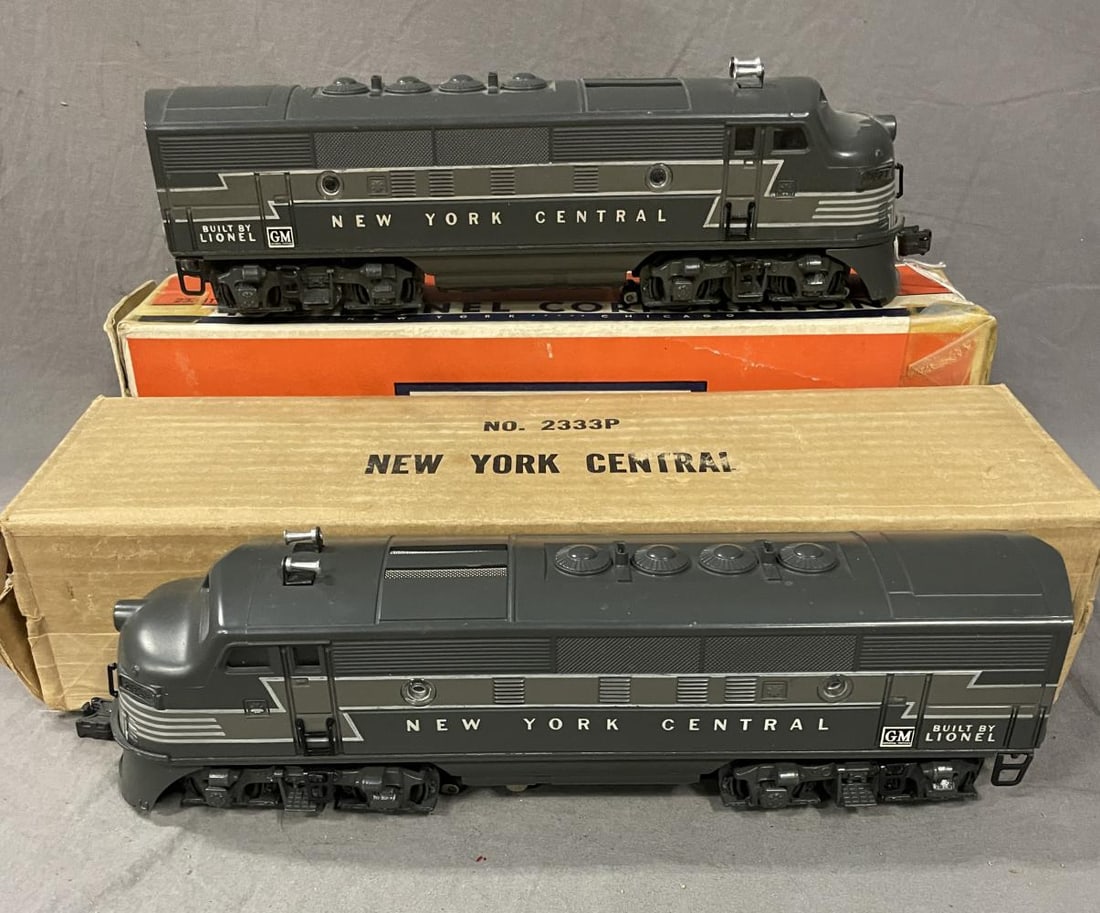 Boxed Clean Lionel 2333 NYC F3 AA Diesels: Standard Gauge. Nice matched Pair with clean shells, just have replaced port hole lenses. The battery box is clean and they show light play wear with boxes and insert, T box missing flaps one side.