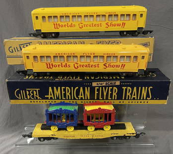 3pc American Flyer Circus Lot: S Gauge. Includes 2 variations of the (649) Circus Coach, obs, each missing flaps one side; (643) compo Circus Flat with 2 intact cages(light yellow rhino & yellow pelican), flat shows moderate wear,
