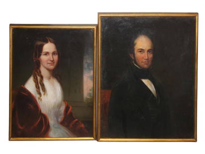 Oil Portraits, John & Julia Tyler, James Shegogue: Offered are a pair of oil portrait paintings by James Hamilton Shegogue. Portraits depicts President John Tyler (25-1/2' x 29") and his second wife Julia Gardiner Tyler (21-1/2" x 26-1/2"). Each paint