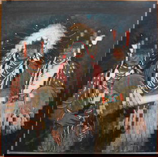 Kevin Red Star Acrylic on Canvas "Three Four Tops": Wonderful acrylic on canvas painting by Kevin Red Star, signed lower edge. Titled on verso, "Three Four Tops", and also signed on the verso as well. Measures 44" x 44". NOTE: This is a large painting,