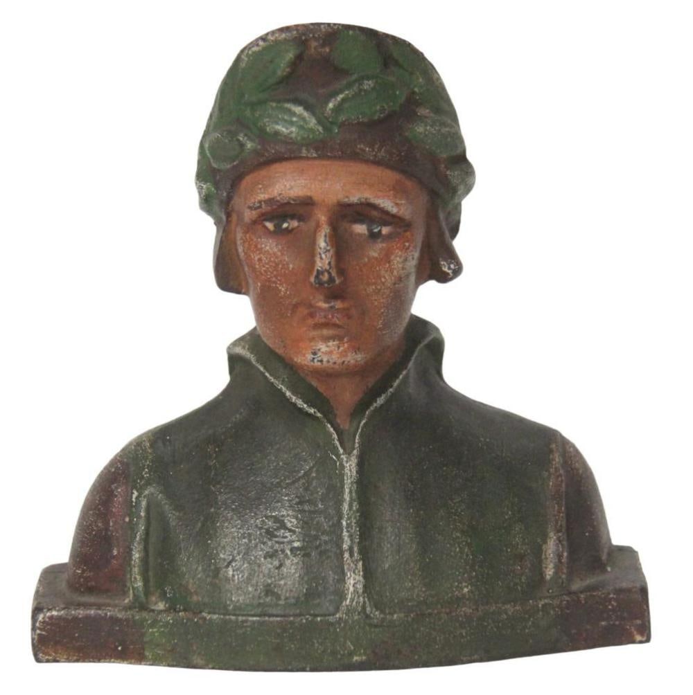 Cast Iron Dante Door Stop: Approx 6" x 6". Shows surface wear and areas of paint loss. See images.