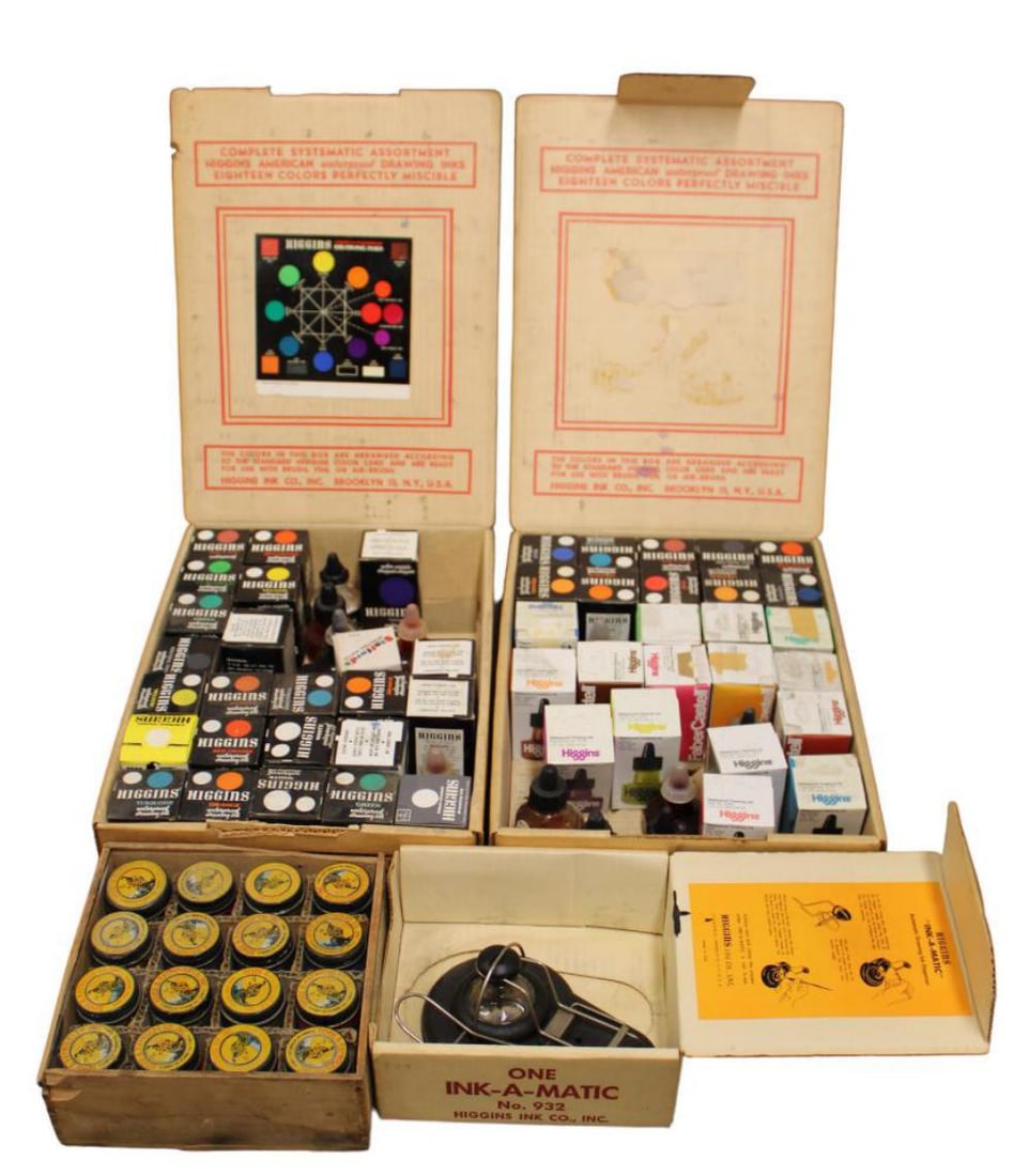 Higgins Ink Cases and Ink-A-Matic: 2 cases of Higgins Ink Assortments, incomplete, boxed Ink-A-Matic ink well, and case of Tempera coloring inks.