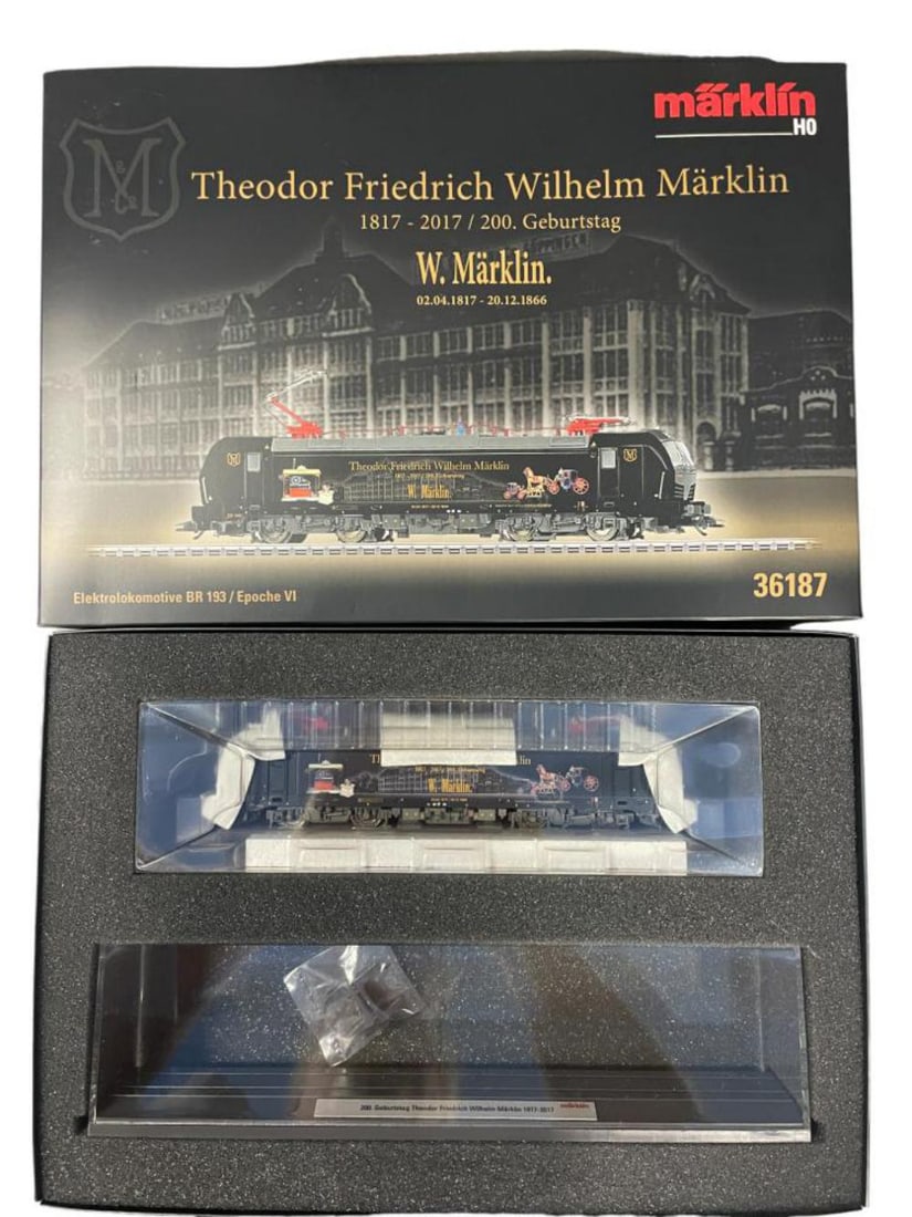 Marklin HO 36187 BR193 Special: For the 200 year anniversary of T. Fredrich Wilhelm. It is a BO-BO electric equipped with DCC, Mfx Controls and Sounds. It is new in box with its display case and paperwork.