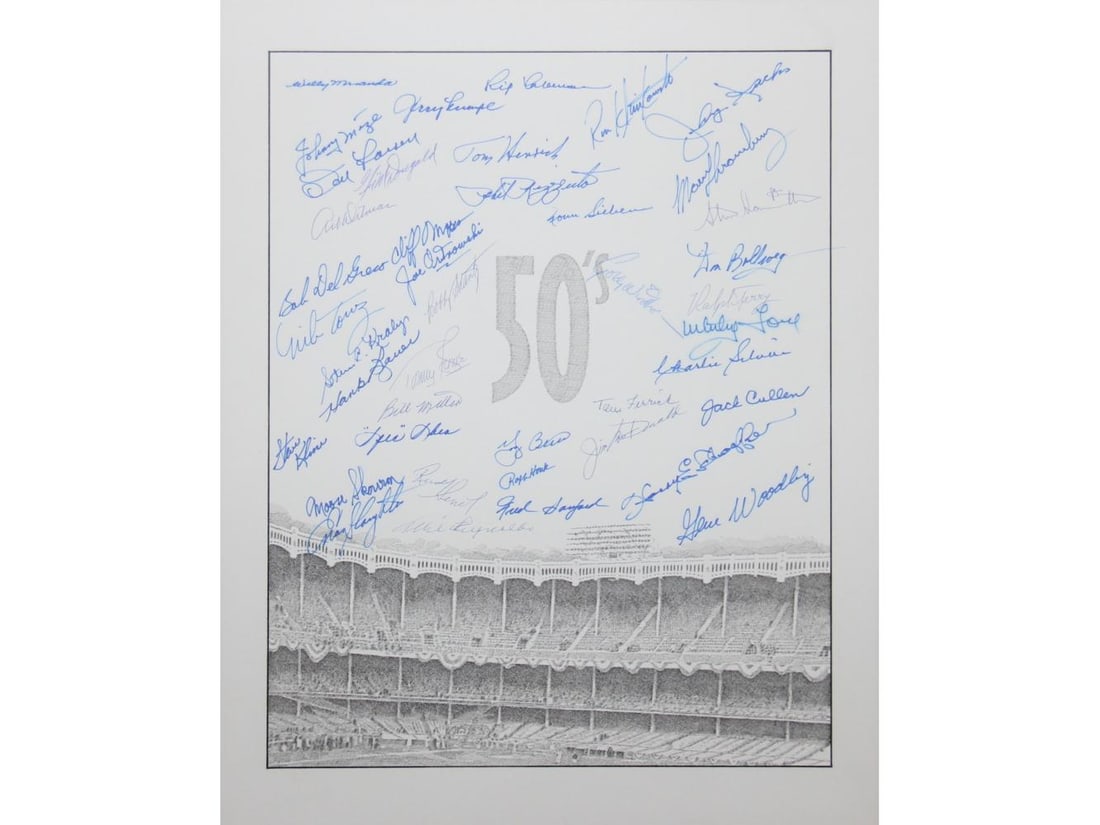 Yankees Multi Signed Print, Murray Tinkelman: Offered is a 16 x 20 print titled "50's" by Murray Tinkelman. Print features over 25 hand signed signatures including Moose Skowron, Whitey Ford, Don Larsen, Gene Woodling, Enos Slaughter, Phil Rizzut
