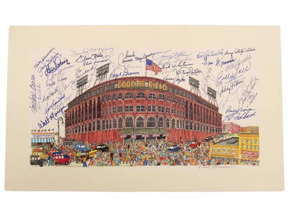 Multi Signed Ebbets Field Print, Richard Rosenblum: Offered is a multi signed print of "Ebbets Field" by Richard Rosenblum. Features 40 hand signed signatures including Cal Abrams, Joe Black, French Bordagaray, Ralph Branca, Don Drysdale, Billy Herman,