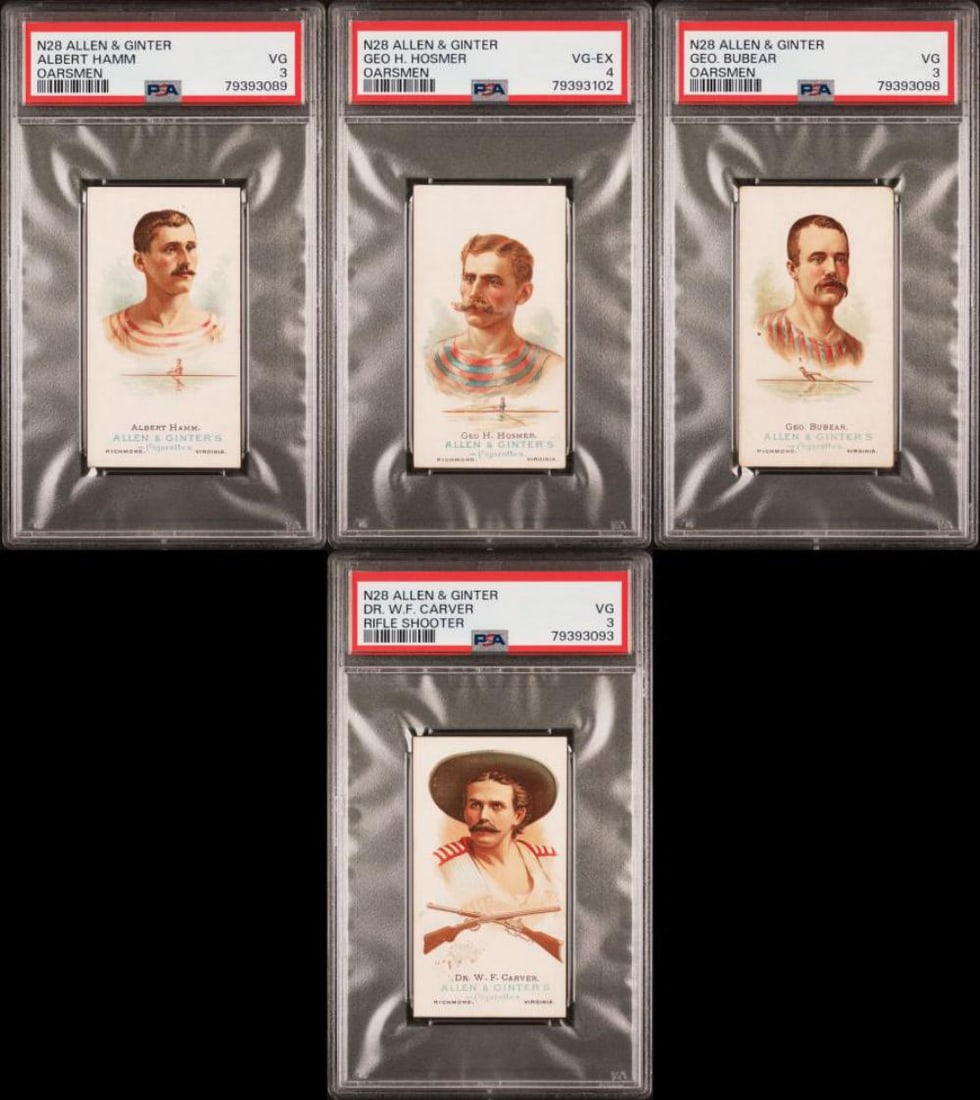 N28 Allen & Ginter (4) Oarsmen/Rifle Shooter PSA: Albert Hamm - Oarsmen - PSA VG 3 (PSA # 79393089) Geo H. Hosmer - Oarsmen - PSA VG-EX 4 (PSA # 79393102) Geo Bubear - Oarsment - PSA VG 3 (PSA # 79393098) Dr. W.F. Carver - Rifle Shooter - PSA VG 3 (P