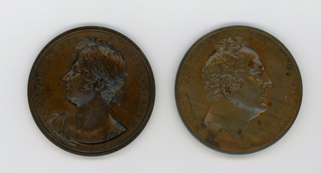 William IV & George IV Accession Medals Bronze: William IV and George IV Accession medals in bronze. Each approx 54 mm. This lot is being offered on behalf of the New York County Public Administrator from the Estateof Rene Fuss.