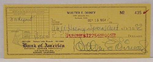 WALT DISNEY. SIGNED CHECK: WALT DISNEY. SIGNED CHECK 9/15/54 OUTSTANDING DISNEY SIGNATURE