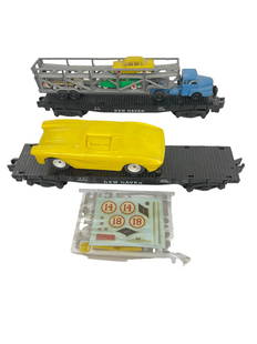 American Flyer 24578 & 24566 Flat Cars: S Gauge. Includes a 24578 Flat with yellow Corvette Kit, parts still sealed in poly bag, flat just missing the brake-wheel; 24566 NH Flat with Auto-Loader. AF Norev Product, just missing 2 vehicles. T