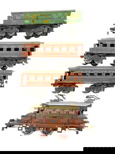 Unusual Karl Bub Passenger Set: Includes a nice center cab electric with electric motor; Schlaff & Speis wagons, each missing 2 doors; Postal/ Baggage car. Set would benefit from a cleaning and shows ligt to moderate play wear.