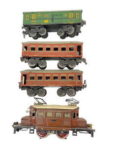 Unusual Karl Bub Passenger Set: Includes a nice center cab electric with electric motor; Schlaff & Speis wagons, each missing 2 doors; Postal/ Baggage car. Set would benefit from a cleaning and shows ligt to moderate play wear.