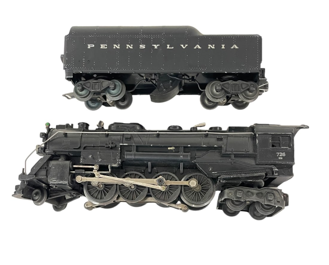 1952 Lionel 726RR Berkshire: Korean War non Magna-traction issue with 2046W-50 PRR whistling tender. They show light to moderate play wear.