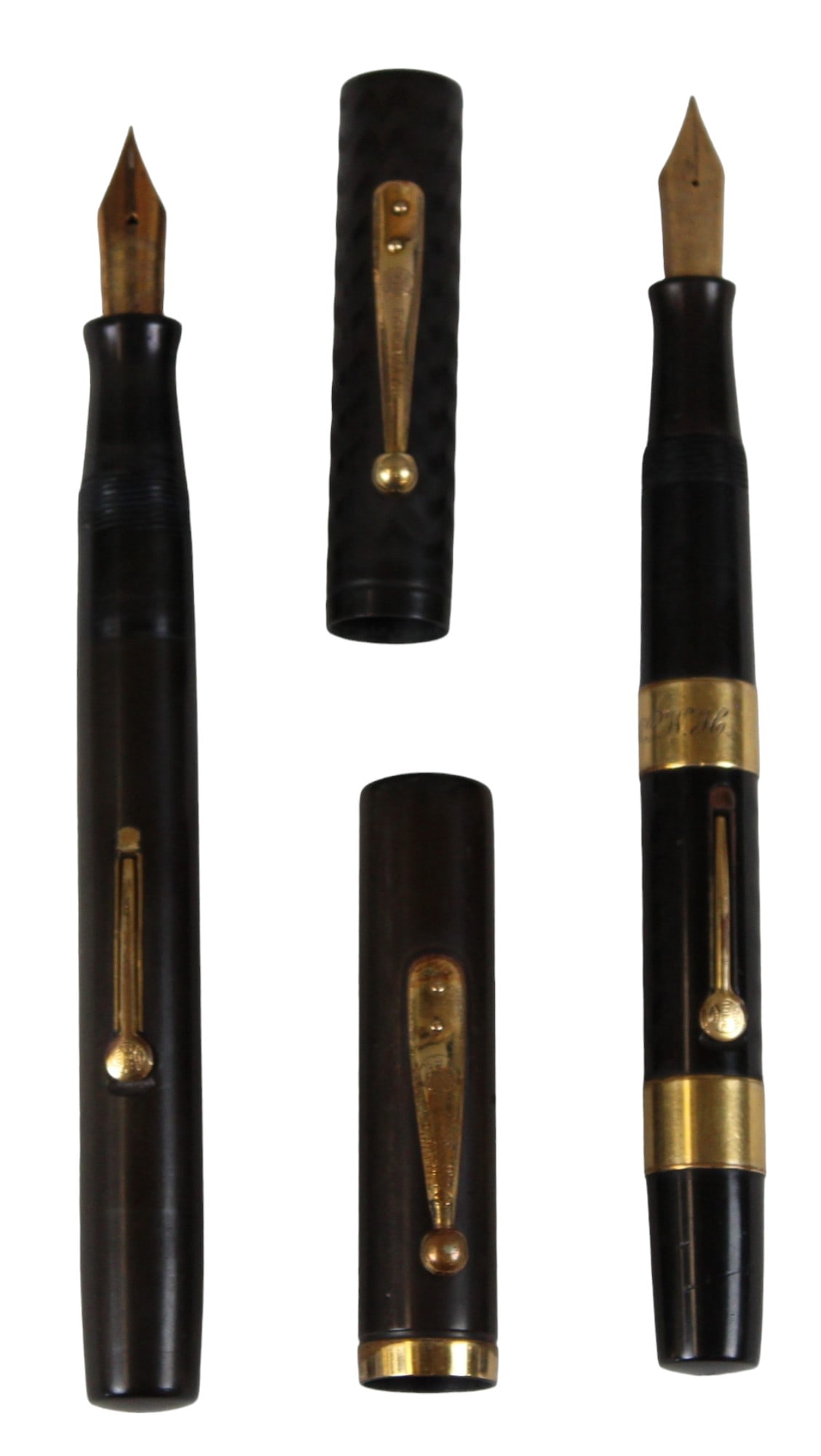 Waterman 56 & 55 Fountain Pens: 2 Waterman Fountain pens including black chased hard rubber 55 and black hard rubber 56. Unrestored.