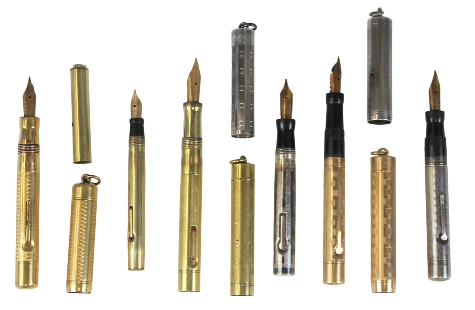 (6) Ringtop Fountain Pens Sterling & Filled: Group of 6 metal overlay ringtop fountain pens including Mabie Todd Swan Sterling, 2 Wahl gold filled, Sheaffer's gold filled, Wahl silver filled, and Mabie Todd Swan gold filled. Unrestored.