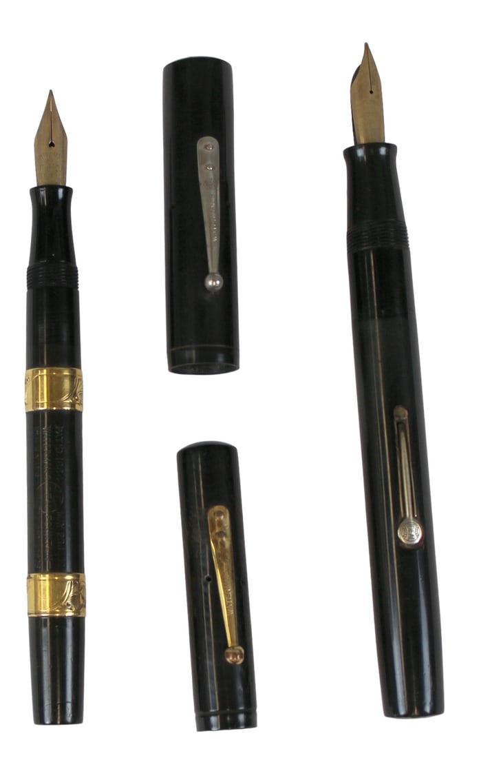 Waterman 55 & 0674 Fountain Pens: 2 Waterman black hard rubber fountain pens including smooth Waterman 55 and chased 0674 screw cap eyedropper. Unrestored.
