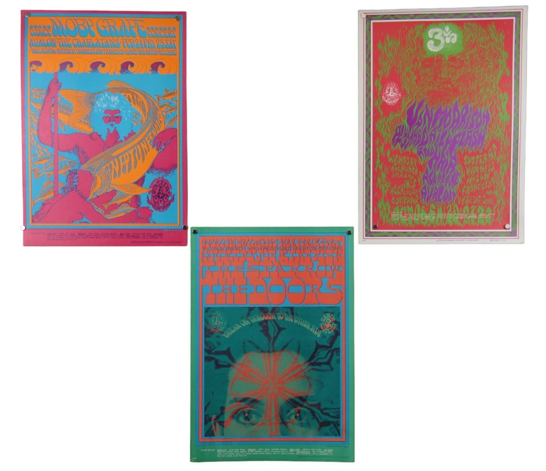 (3) Family Dog Avalon Ballroom Concert Posters: Includes: (1) Family Dog series FD-49, Avalon Ballroom 2/24-2/25, 1967. Performers included: Moby Grape and The Charlatans. Artwork by Victor Moscoso. Poster is 2nd printing, approx. 14" x 20". Poster